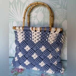 Zara macrame crochet bag with Bamboo handles in blue and white colors 9.5” - 11”